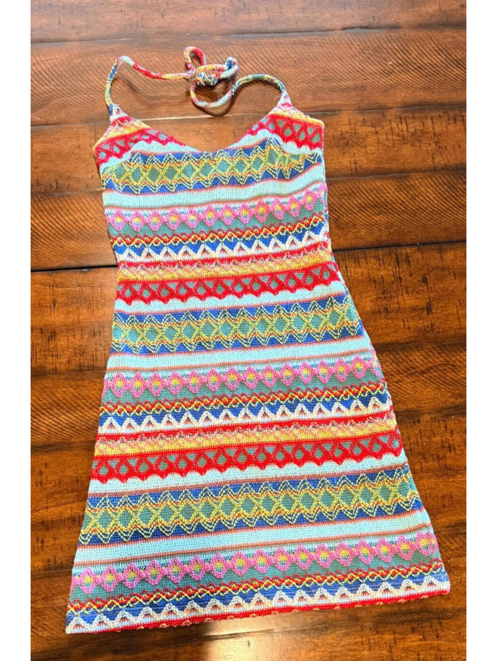 Finesse Crochet Multicolor Zig Zag Halter Dress - Size Small   RARE FIND